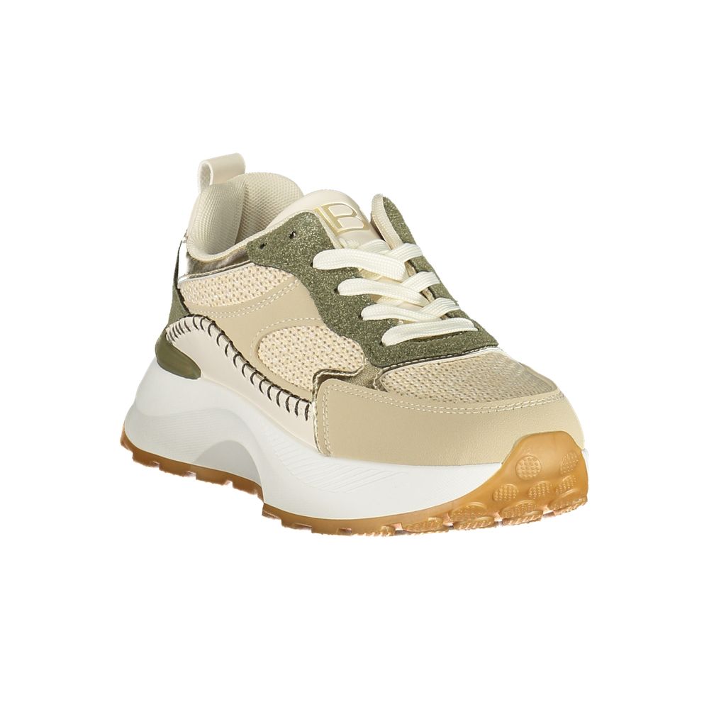 Athletic Sneakers by Laura Biagiotti for women in polyester beige, gold & green features an architectural silhouette, showcasing the premium athletic style of the Women's Athletic Polyester Sneakers with an architectural finish.