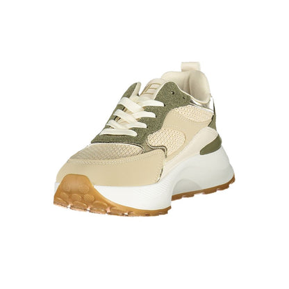 Athletic Sneakers by Laura Biagiotti for women in polyester beige, gold & green showcases a architectural silhouette, artfully capturing the essence of the Women's Athletic Polyester Sneakers with its signature architectural athletic style construction.