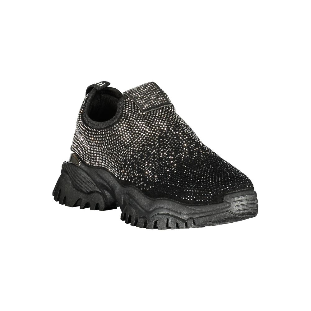 Athletic Sneakers by Laura Biagiotti for women in polyester & rhinestone black features an architectural silhouette, showcasing the premium athletic style of the Women's Athletic Polyester & Rhinestone Sneakers with an architectural finish.