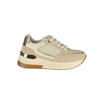 Athletic Sneakers by Laura Biagiotti for women in polyester & rhinestone beige, gold & ivory showcases a architectural silhouette, artfully capturing the essence of the Women's Athletic Polyester & Rhinestone Sneakers with its signature architectural athletic style construction.