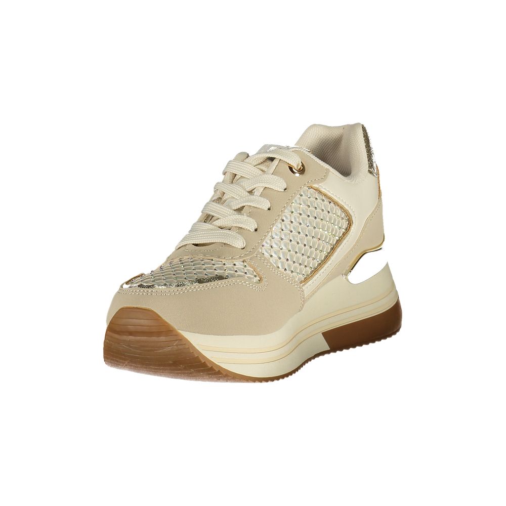 Athletic Sneakers by Laura Biagiotti for women in polyester & rhinestone beige, gold & ivory features an architectural silhouette from the Women's Athletic Polyester & Rhinestone Sneakers collection, showcasing a architectural athletic style for a architectural look.