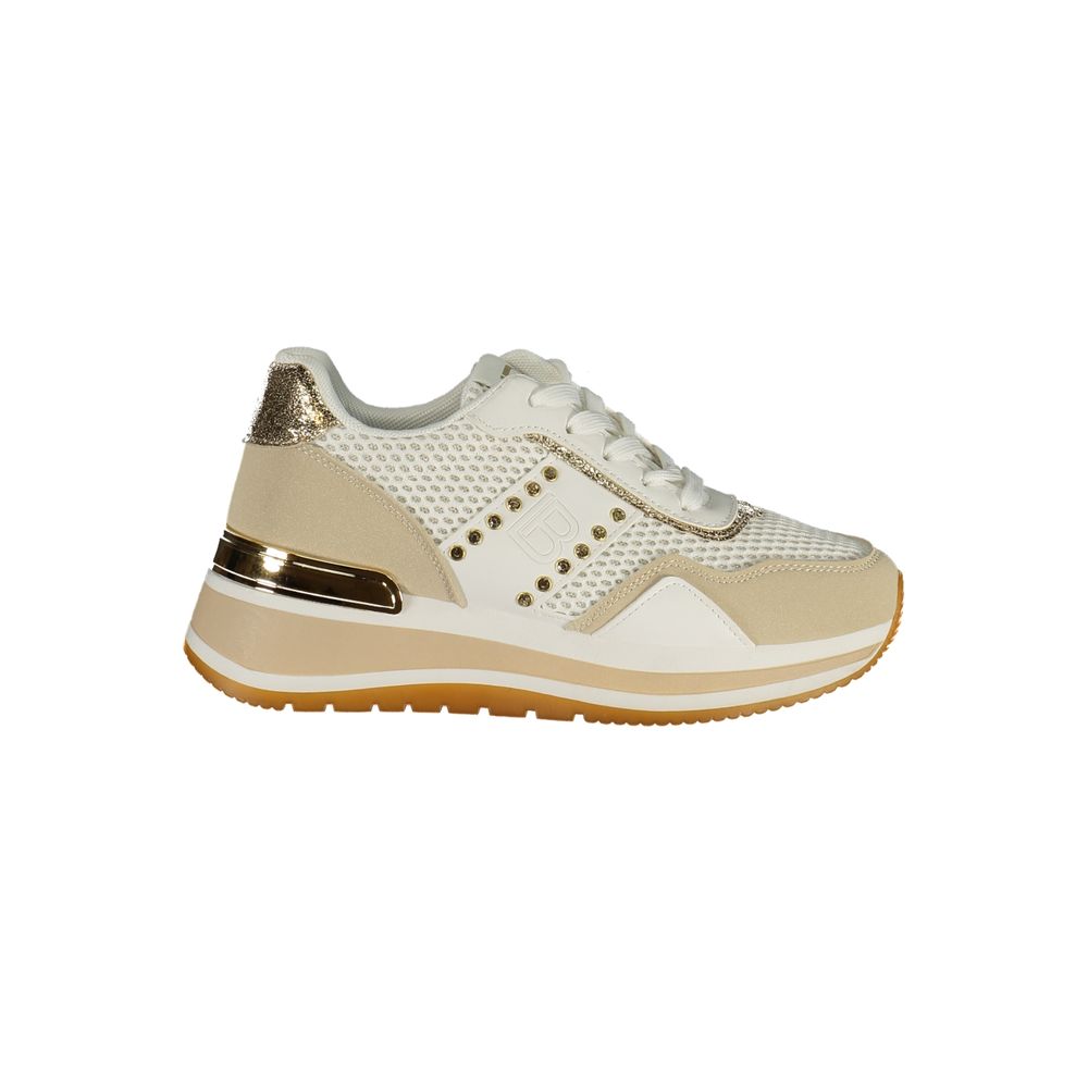 Athletic Sneakers by Laura Biagiotti for women in polyester & rhinestone beige, gold & white features an architectural silhouette, showcasing the premium athletic style of the Women's Athletic Polyester & Rhinestone Sneakers with an architectural finish.