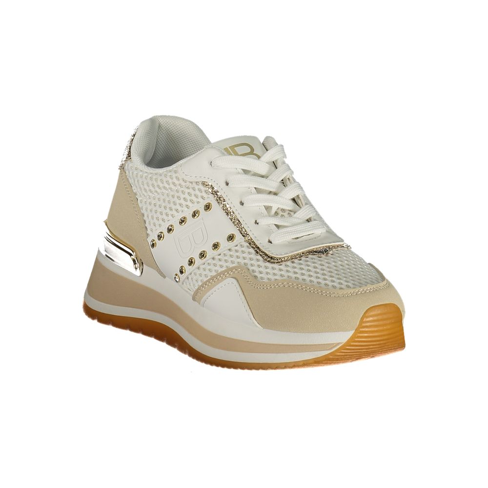 Athletic Sneakers by Laura Biagiotti for women in polyester & rhinestone beige, gold & white presents a sleek silhouette, perfectly capturing the athletic style essence of Women's Athletic Polyester & Rhinestone Sneakers with its sleek design and premium finish.