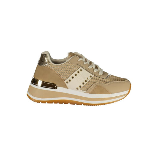 Athletic Sneakers by Laura Biagiotti for women in polyester & rhinestone beige, gold & white features an stately silhouette, showcasing the signature athletic style of the Women's Athletic Polyester & Rhinestone Sneakers collection with a truly stately finish.