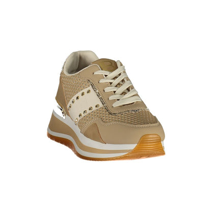 Athletic Sneakers by Laura Biagiotti for women in polyester & rhinestone beige, gold & white features an architectural silhouette from the Women's Athletic Polyester & Rhinestone Sneakers collection, showcasing a architectural athletic style for a architectural look.