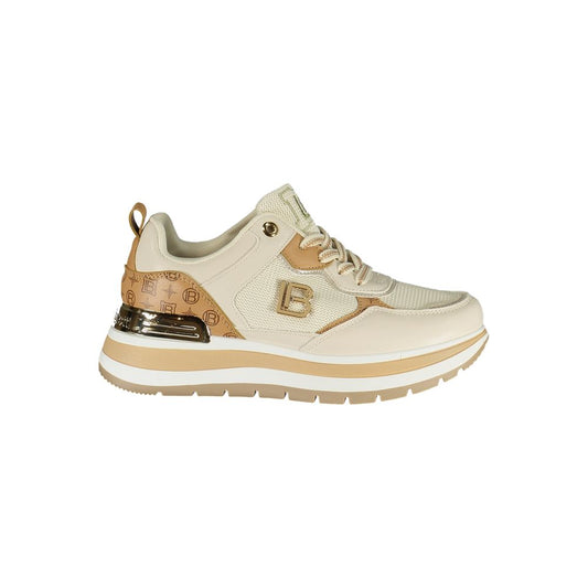 Athletic Sneakers by Laura Biagiotti for women in polyester beige, brown & gold showcases a architectural silhouette, artfully capturing the essence of the Women's Athletic Polyester Sneakers with its signature architectural athletic style construction.