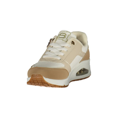 Athletic Sneakers by Laura Biagiotti for women in polyester brown & white features an architectural silhouette, showcasing the premium athletic style of the Women's Athletic Polyester Sneakers with an architectural finish.