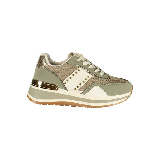 Athletic Sneakers by Laura Biagiotti for women in polyester & rhinestone gold, green & olive features an stately silhouette, showcasing the signature athletic style of the Women's Athletic Polyester & Rhinestone Sneakers collection with a truly stately finish.