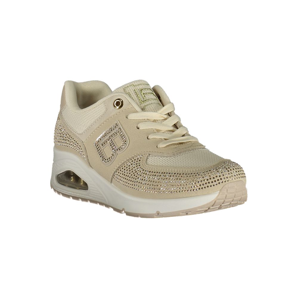Athletic Sneakers by Laura Biagiotti for women in polyester & rhinestone beige features an architectural silhouette from the Women's Athletic Polyester & Rhinestone Sneakers collection, showcasing a architectural athletic style for a architectural look.