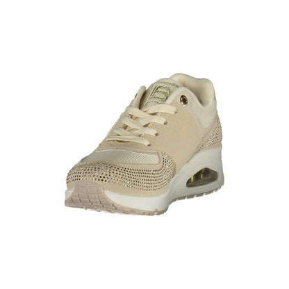 Athletic Sneakers by Laura Biagiotti for women in polyester & rhinestone beige features an architectural silhouette, showcasing the premium athletic style of the Women's Athletic Polyester & Rhinestone Sneakers with an architectural finish.