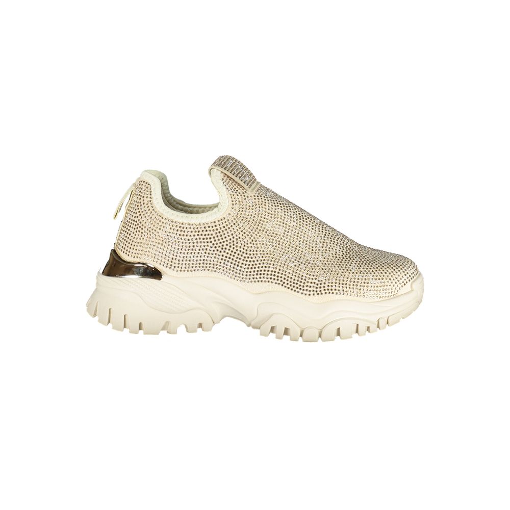 Sneakers by Laura Biagiotti for women in polyester & rhinestone beige & gold presents a sumptuous silhouette, artfully capturing the essence of the Women's Chunky Polyester & Rhinestone Sneakers with its sumptuous chunky style design.