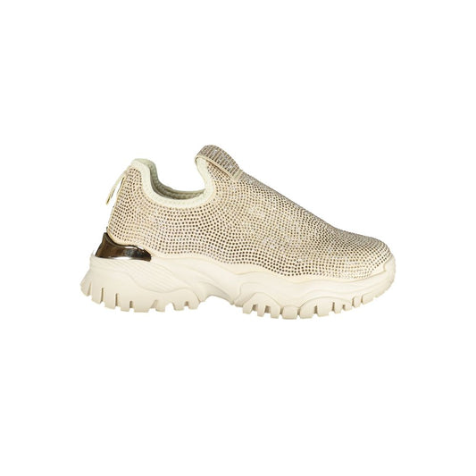 Sneakers by Laura Biagiotti for women in polyester & rhinestone beige & gold presents a sumptuous silhouette, artfully capturing the essence of the Women's Chunky Polyester & Rhinestone Sneakers with its sumptuous chunky style design.