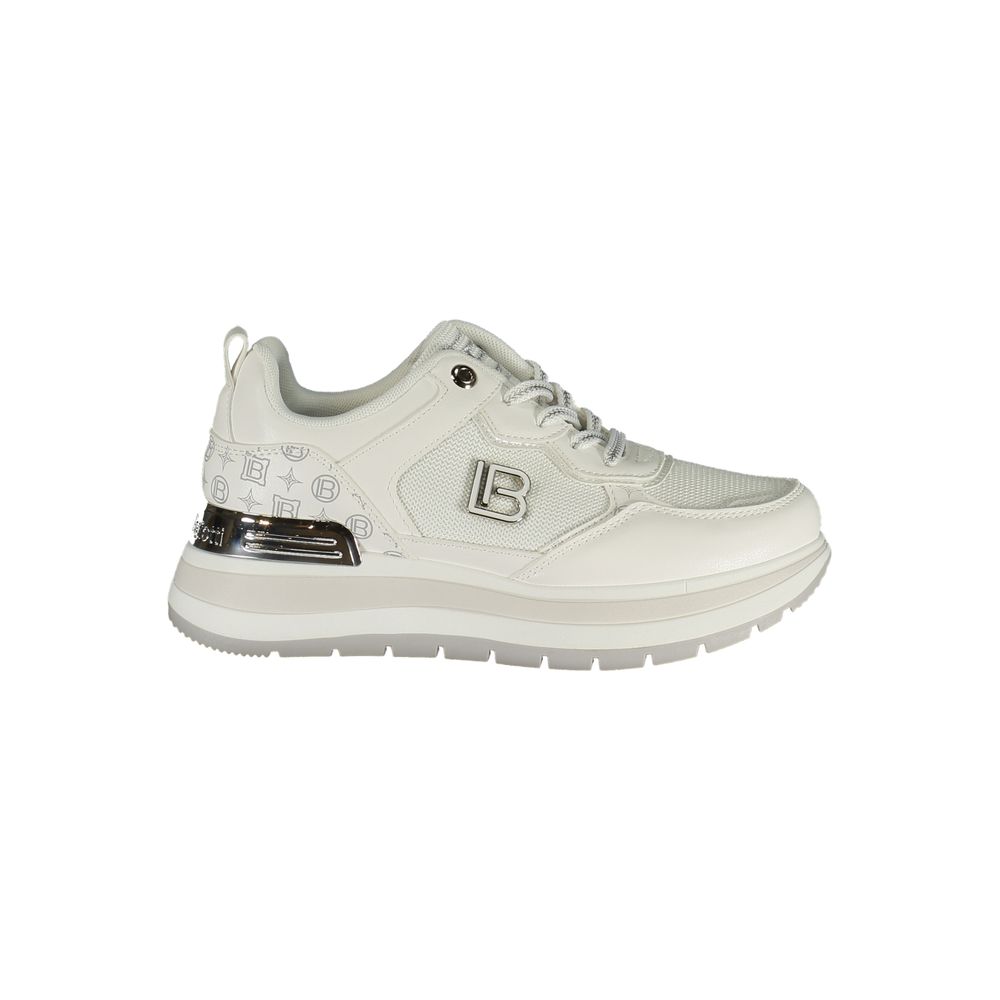 Athletic Sneakers by Laura Biagiotti for women in polyester silver & white features an architectural silhouette from the Women's Athletic Polyester Sneakers collection, showcasing a architectural athletic style for a architectural look.