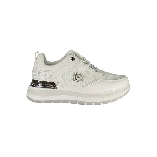 Athletic Sneakers by Laura Biagiotti for women in polyester silver & white features an architectural silhouette from the Women's Athletic Polyester Sneakers collection, showcasing a architectural athletic style for a architectural look.