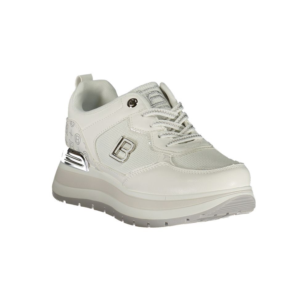 Athletic Sneakers by Laura Biagiotti for women in polyester silver & white showcases an impeccable silhouette, defined by an impeccable athletic style design that perfectly captures the essence of the Women's Athletic Polyester Sneakers.