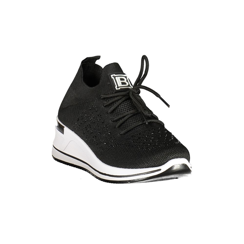 Athletic Sneakers by Laura Biagiotti for women in polyester & rhinestone black features an architectural silhouette, showcasing the premium athletic style of the Women's Athletic Polyester & Rhinestone Sneakers with an architectural finish.