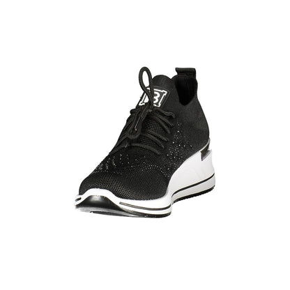 Athletic Sneakers by Laura Biagiotti for women in polyester & rhinestone black showcases a architectural silhouette, artfully capturing the essence of the Women's Athletic Polyester & Rhinestone Sneakers with its signature architectural athletic style construction.
