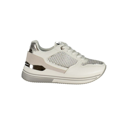 Athletic Sneakers by Laura Biagiotti for women in polyester & rhinestone silver & white showcases a architectural silhouette, artfully capturing the essence of the Women's Athletic Polyester & Rhinestone Sneakers with its signature architectural athletic style construction.