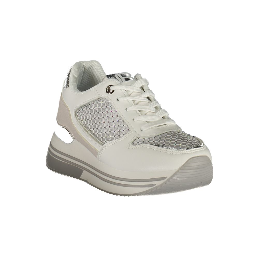 Athletic Sneakers by Laura Biagiotti for women in polyester & rhinestone silver & white features an architectural silhouette, showcasing the premium athletic style of the Women's Athletic Polyester & Rhinestone Sneakers with an architectural finish.