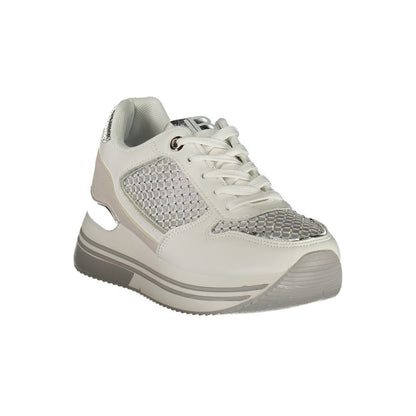 Athletic Sneakers by Laura Biagiotti for women in polyester & rhinestone silver & white features an architectural silhouette, showcasing the premium athletic style of the Women's Athletic Polyester & Rhinestone Sneakers with an architectural finish.