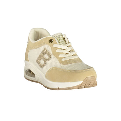 Athletic Sneakers by Laura Biagiotti for women in polyester & rhinestone beige features an architectural silhouette, showcasing the premium athletic style of the Women's Athletic Polyester & Rhinestone Sneakers with an architectural finish.