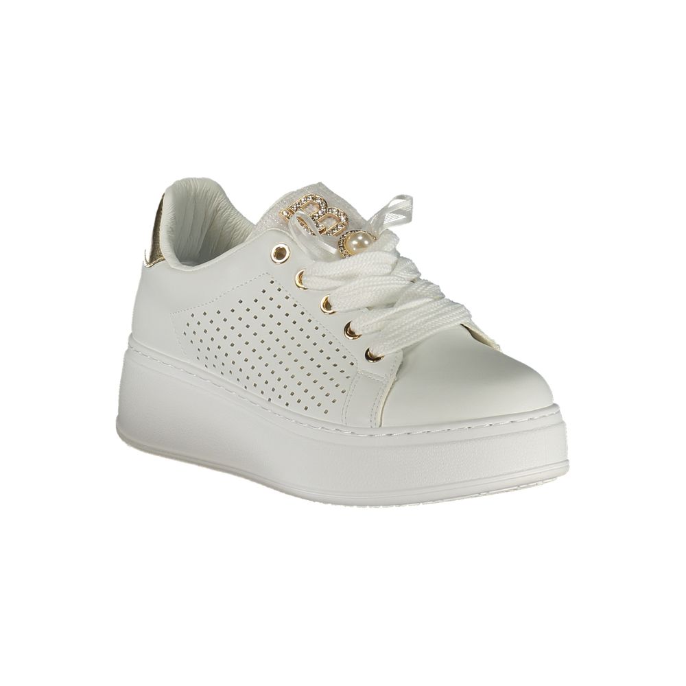 Sneakers by Laura Biagiotti for women in polyester & polyurethane gold, white & signature presents a sumptuous silhouette from the Women's Fashion Polyester & Polyurethane Sneakers collection, showcasing a sumptuous fashion style for an elevated aesthetic.