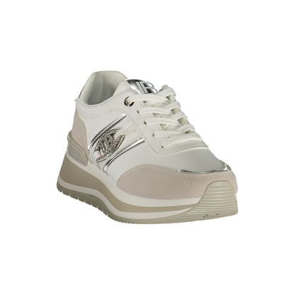 Athletic Sneakers by Laura Biagiotti for women in polyester & polyurethane gray & white showcases a architectural silhouette, artfully capturing the essence of the Women's Athletic Polyester & Polyurethane Sneakers with its signature architectural athletic style construction.
