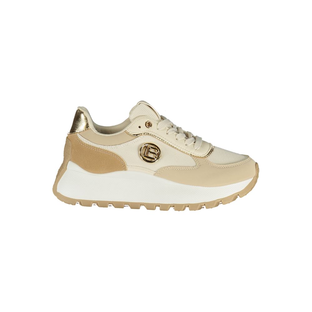 Athletic Sneakers by Laura Biagiotti for women in polyester & polyurethane beige, black & gold features an stately silhouette, showcasing the signature athletic style of the Women's Athletic Polyester & Polyurethane Sneakers collection with a truly stately finish.