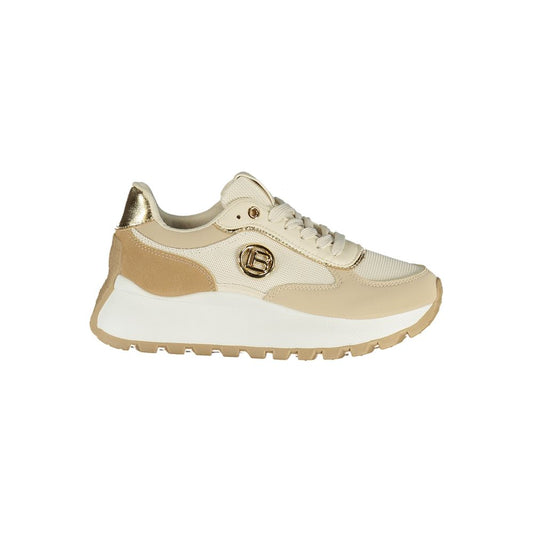 Athletic Sneakers by Laura Biagiotti for women in polyester & polyurethane beige, black & gold features an stately silhouette, showcasing the signature athletic style of the Women's Athletic Polyester & Polyurethane Sneakers collection with a truly stately finish.