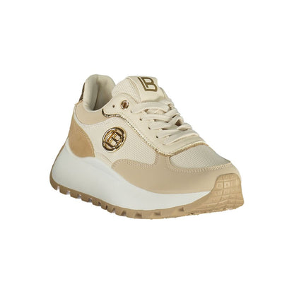 Athletic Sneakers by Laura Biagiotti for women in polyester & polyurethane beige, black & gold presents a sleek silhouette, perfectly capturing the athletic style essence of Women's Athletic Polyester & Polyurethane Sneakers with its sleek design and premium finish.