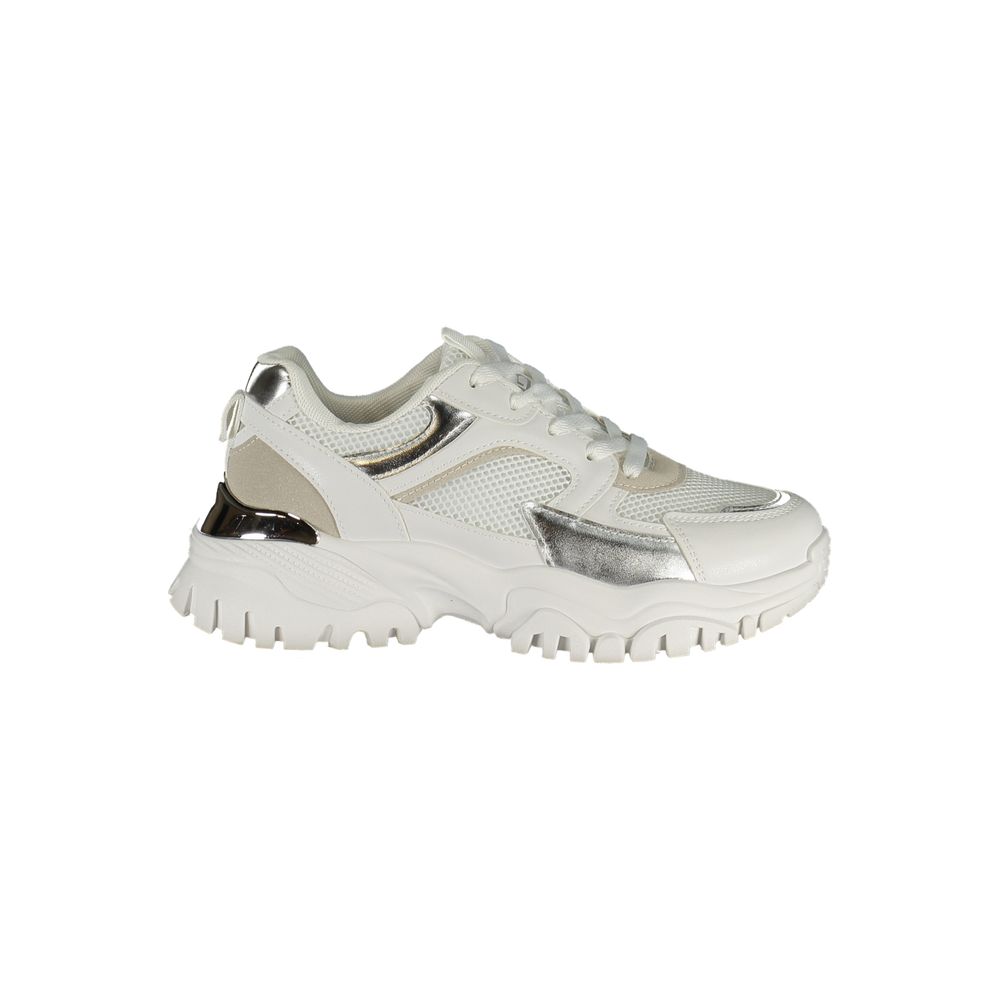 Athletic Sneakers by Laura Biagiotti for women in polyester & polyurethane silver & white showcases a architectural silhouette, artfully capturing the essence of the Crisp Women's Athletic Polyester & Polyurethane Sneakers with its signature architectural athletic style construction.