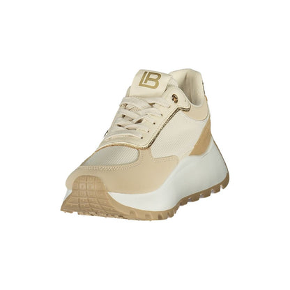 Athletic Sneakers by Laura Biagiotti for women in polyester & polyurethane beige, black & gold features an architectural silhouette from the Women's Athletic Polyester & Polyurethane Sneakers collection, showcasing a architectural athletic style for a architectural look.