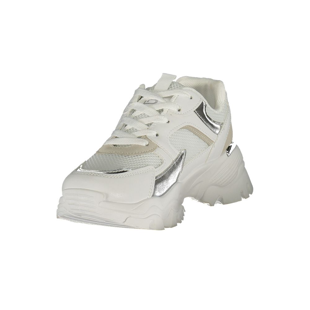 Athletic Sneakers by Laura Biagiotti for women in polyester & polyurethane silver & white features an architectural silhouette, showcasing the premium athletic style of the Crisp Women's Athletic Polyester & Polyurethane Sneakers with an architectural finish.