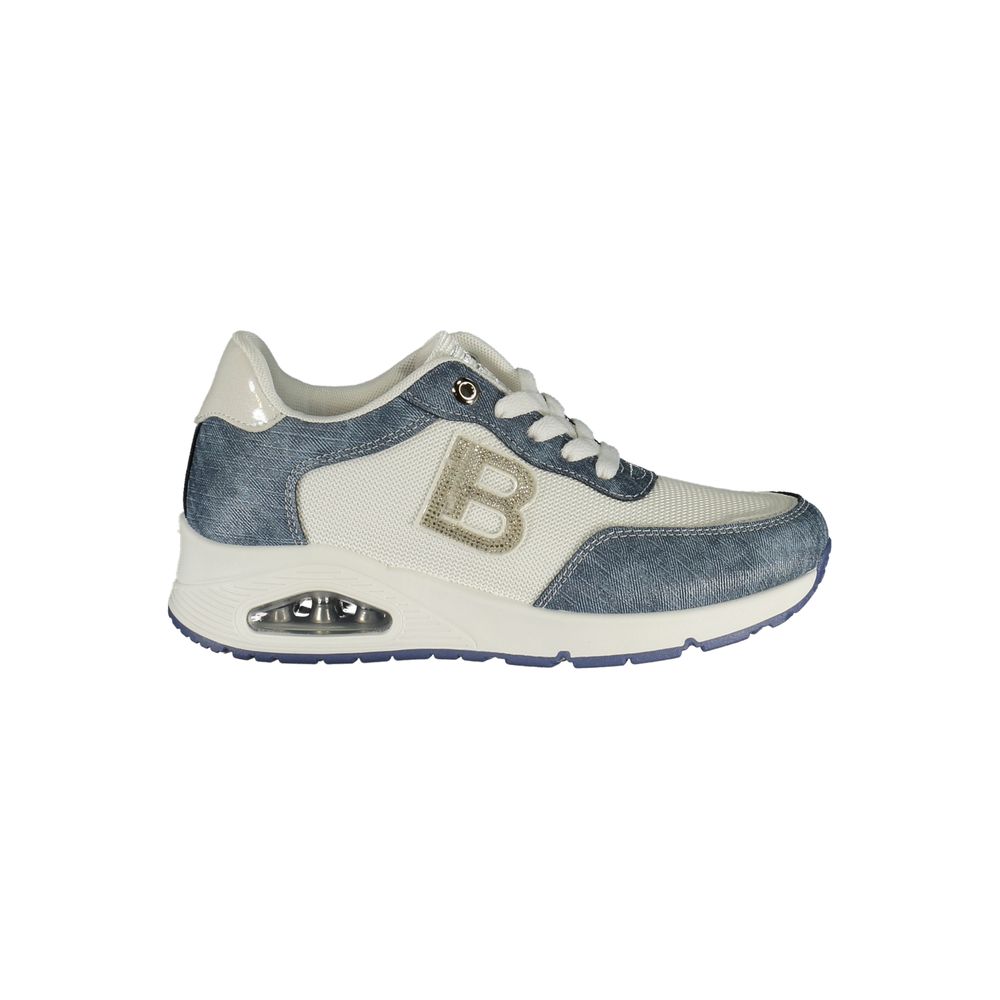 Athletic Sneakers by Laura Biagiotti for women in polyester & rhinestone blue features an architectural silhouette, showcasing the premium athletic style of the Women's Athletic Polyester & Rhinestone Sneakers with an architectural finish.