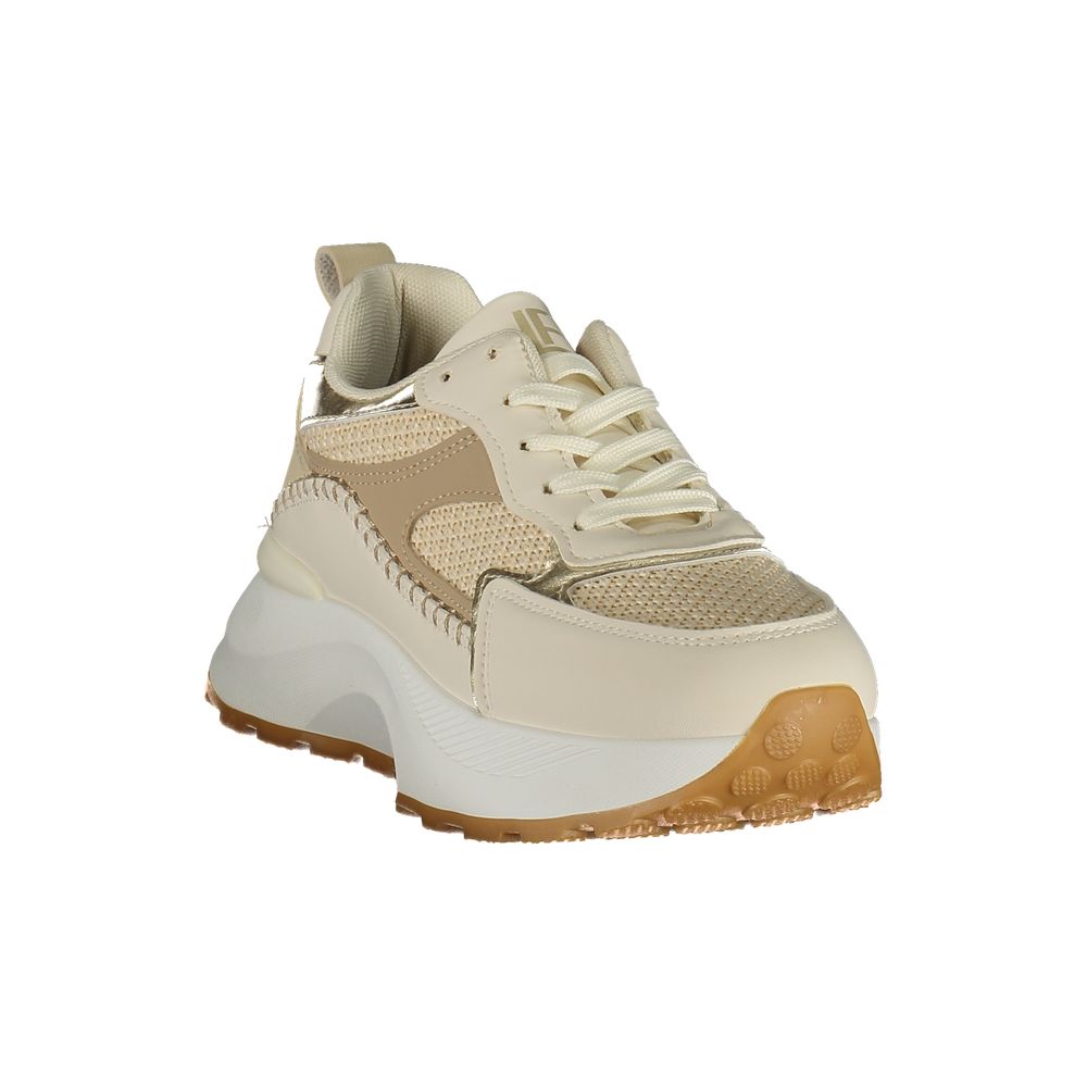 Athletic Sneakers by Laura Biagiotti for women in polyester beige, gold & ivory features an stately silhouette, showcasing the signature athletic style of the Women's Athletic Polyester Sneakers collection with a truly stately finish.