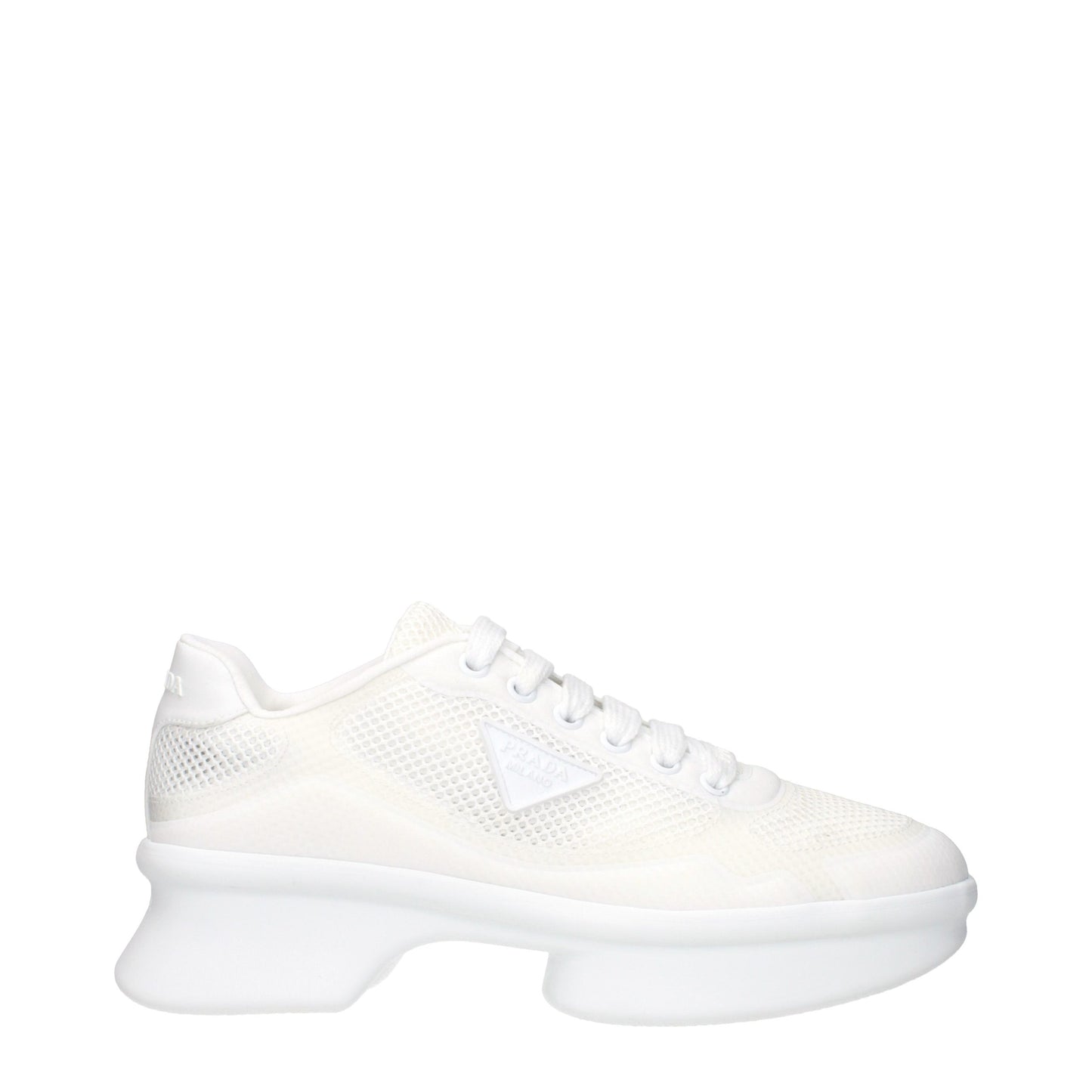 Athletic Sneakers by Prada for women in fabric white presents a sleek silhouette, perfectly capturing the athletic style essence of Women's Athletic Fabric Sneakers with its sleek design and premium finish.