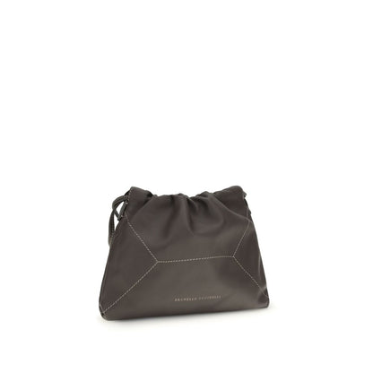 Shoulder Drawstring Bag by Brunello Cucinelli for women in bos taurus calf leather brown presents a versatile silhouette, showcasing a secure drawstring and versatile with versatile shoulder-strap for a sophisticated look.