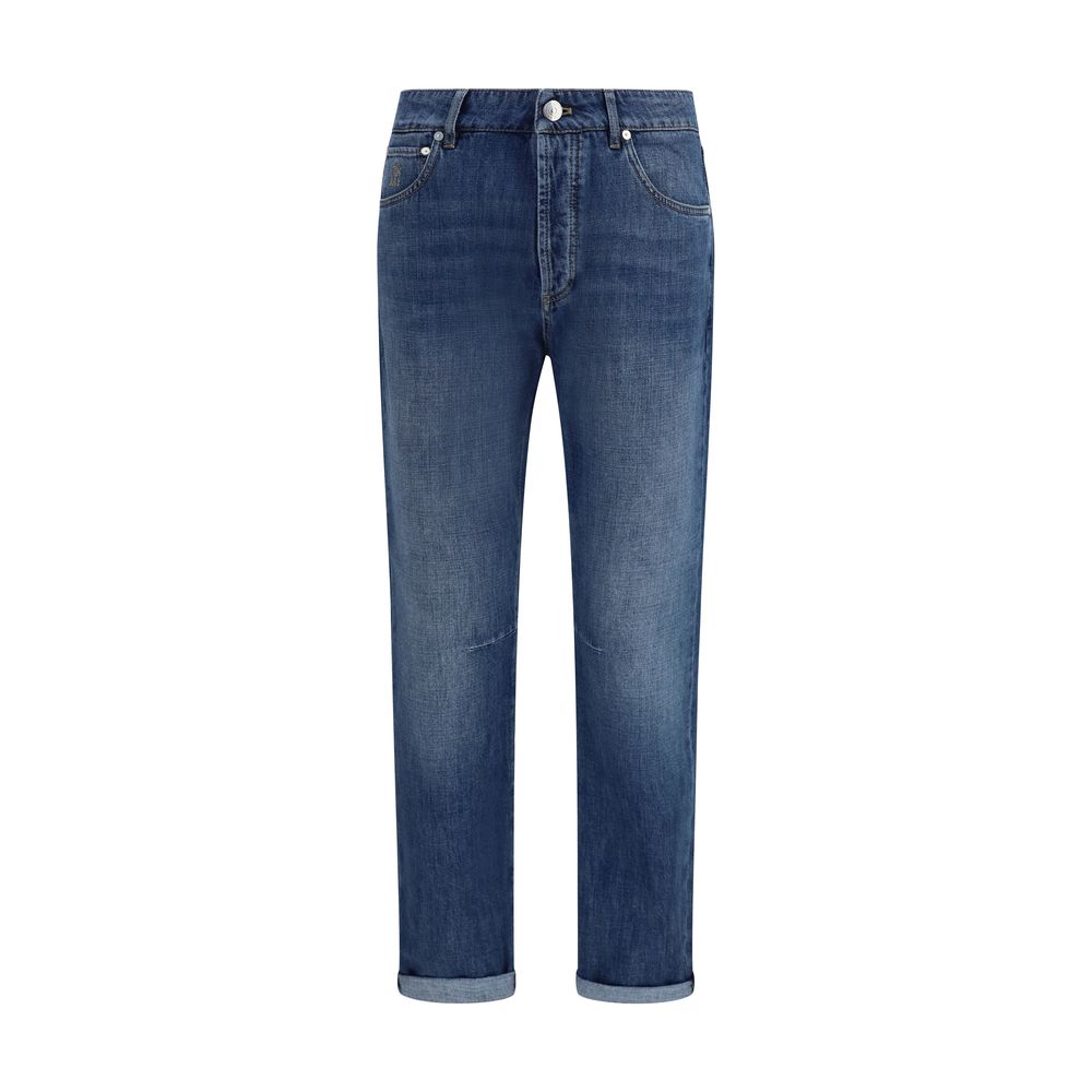 Jeans by Brunello Cucinelli for men in cotton denim blue & signature presents a tailored silhouette, showcasing a tailored straight-leg and long cut with a refined for a truly tailored aesthetic.