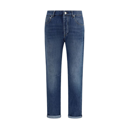 Jeans by Brunello Cucinelli for men in cotton denim blue & signature presents a tailored silhouette, showcasing a tailored straight-leg and long cut with a refined for a truly tailored aesthetic.