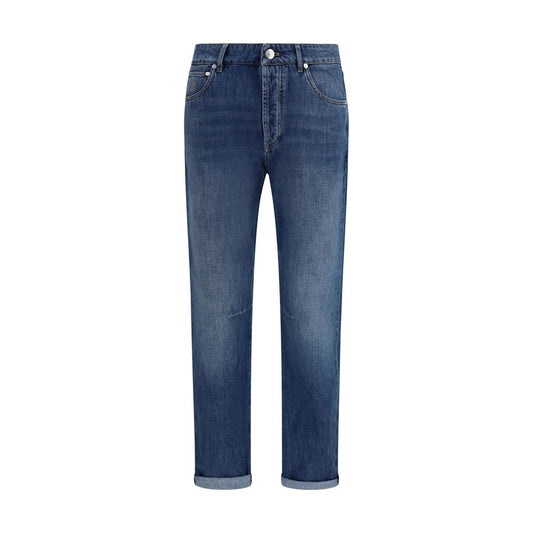Jeans by Brunello Cucinelli for men in cotton denim blue & signature presents a tailored silhouette, showcasing a tailored straight-leg and long cut with a refined for a truly tailored aesthetic.