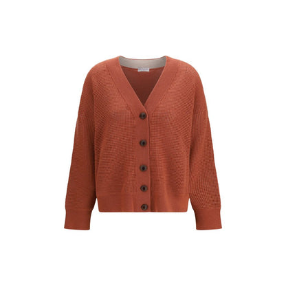 Cardigan by Brunello Cucinelli for women in cashmere & capra leather orange presents a textural silhouette, artfully finished with a textural v-neck neckline and for a sophisticated, textural look.