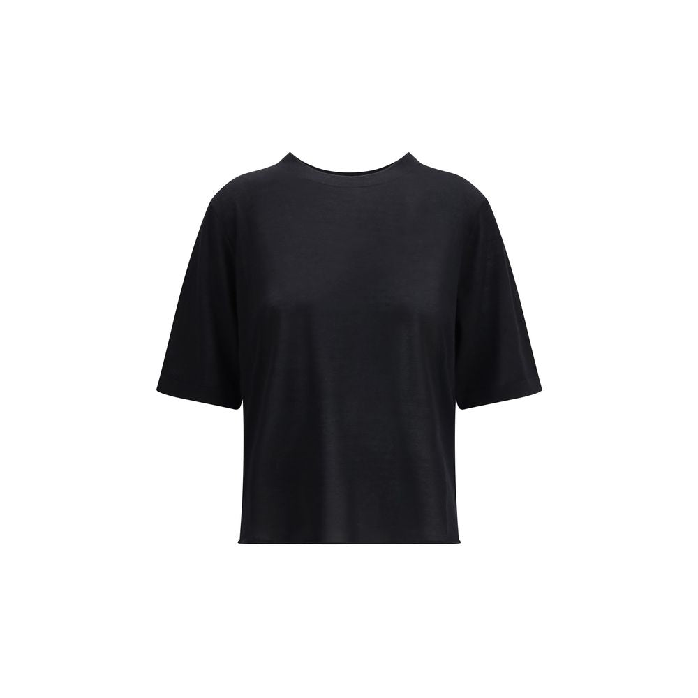 Activewear T-Shirt by Loulou De Saison for women in cashmere black presents a kinetic silhouette, showcasing the kinetic short-sleeve and crew neckline alongside functional for a premium, athletic look.