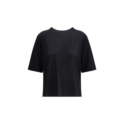 Activewear T-Shirt by Loulou De Saison for women in cashmere black presents a kinetic silhouette, showcasing the kinetic short-sleeve and crew neckline alongside functional for a premium, athletic look.