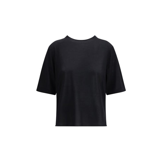 Activewear T-Shirt by Loulou De Saison for women in cashmere black presents a kinetic silhouette, showcasing the kinetic short-sleeve and crew neckline alongside functional for a premium, athletic look.