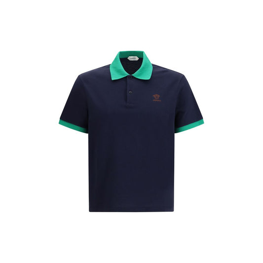 Polo Shirt by Versace for men in cotton blue & signature presents a sleek silhouette, featuring a refined and short-sleeve for a sleek finish.