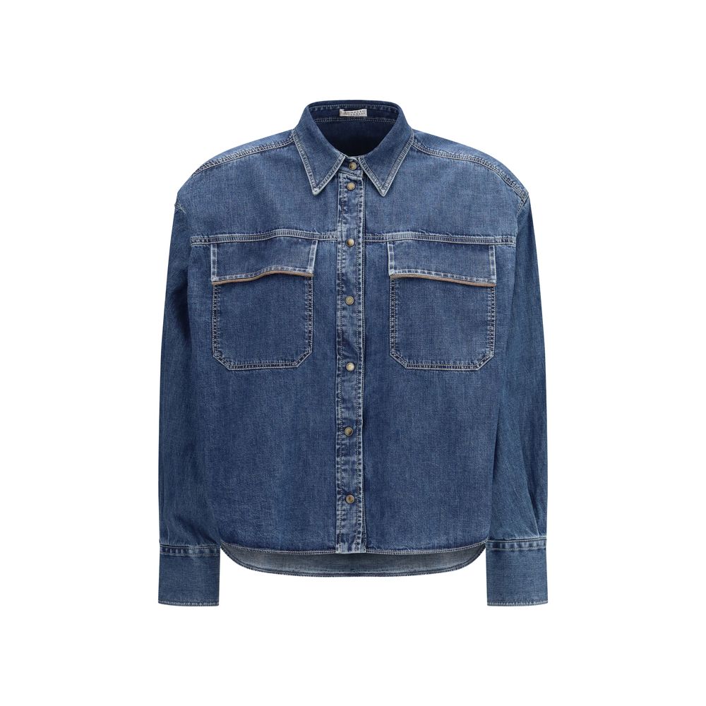 Shirt by Brunello Cucinelli for women in denim cotton blue, featuring a nuanced long-sleeve and nuanced for a sophisticated finish.