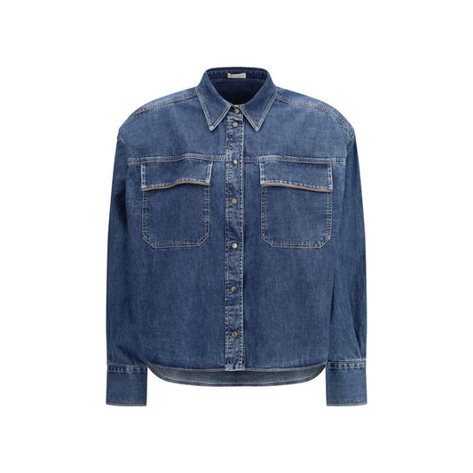 Shirt by Brunello Cucinelli for women in denim cotton blue, featuring a nuanced long-sleeve and nuanced for a sophisticated finish.