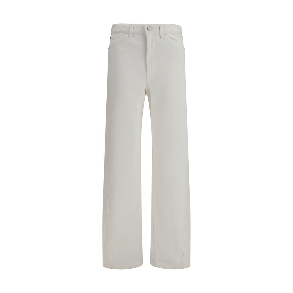 Casual Pants by Lemaire for women in cotton white presents a tailored silhouette, showcasing a tailored straight, regular-fit & wide and long cut with a refined high rise for a truly tailored aesthetic.