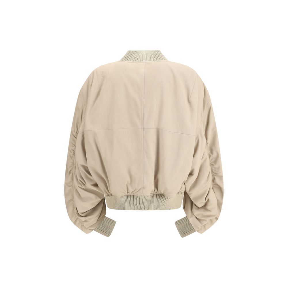 Bomber Jacket by Rick Owens for women in polyester & lamb leather beige features an contemporary silhouette, showcasing a sophisticated and contemporary pockets for a truly refined look.