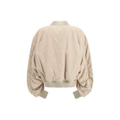 Bomber Jacket by Rick Owens for women in polyester & lamb leather beige features an contemporary silhouette, showcasing a sophisticated and contemporary pockets for a truly refined look.